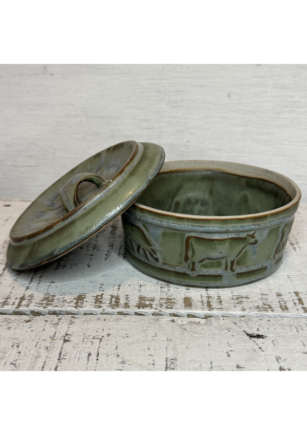 Antique Denbac ceramic butter dish – Sage green, Art Deco
