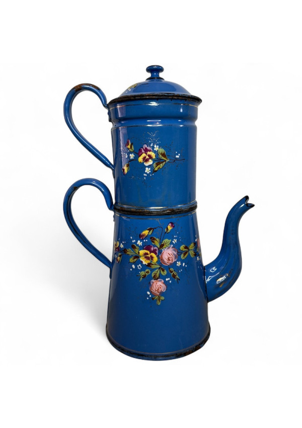 Antique Blue Enameled Sheet Metal Coffee Pot – Floral Relief Decor ☕🌸