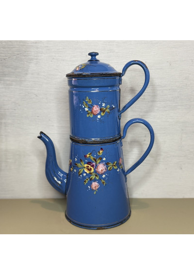 Antique Blue Enameled Sheet Metal Coffee Pot – Floral Relief Decor ☕🌸
