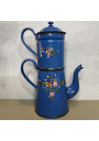 Ancienne Cafetière en Tôle Émaillée Bleue – Décor Floral en Relief ☕🌸
