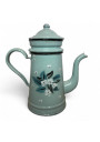 Antique Almond Green Enameled Sheet Metal Coffee Pot – Floral Relief Decor ☕🌿🌸