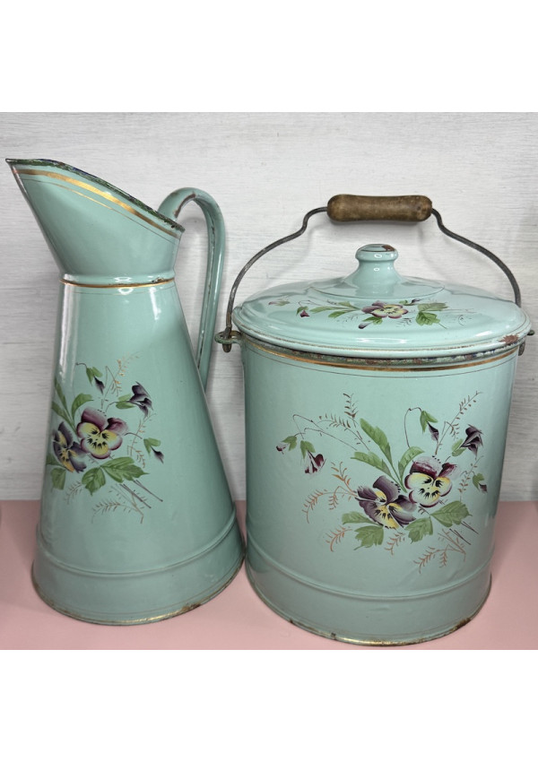 Antique enamelled sheet metal jug and bucket set with pansy decor 🌸✨