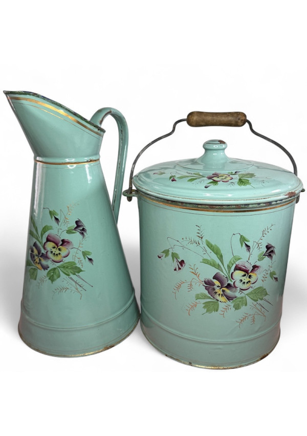 Antique enamelled sheet metal jug and bucket set with pansy decor 🌸✨