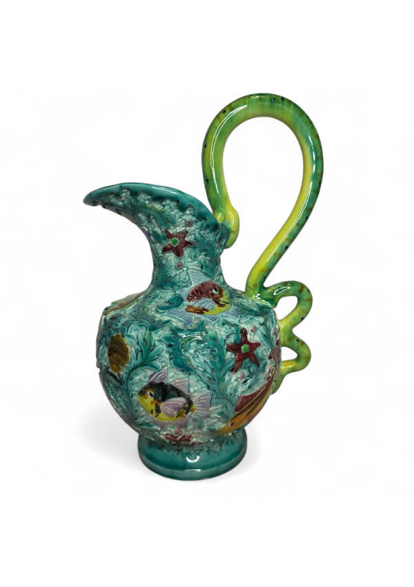 Antique Cerart Monaco ewer with fish decor and snake handle