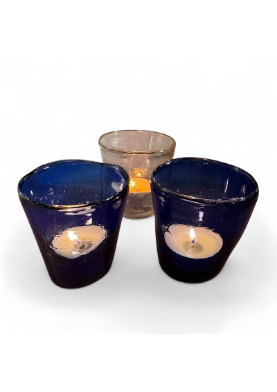 Lot de 3 anciens lumignons en verre bullé - 2 bleus et 1 transparent