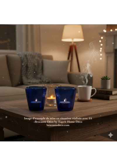 Lot de 3 lumignons en verre bullé bleu et transparent vintage