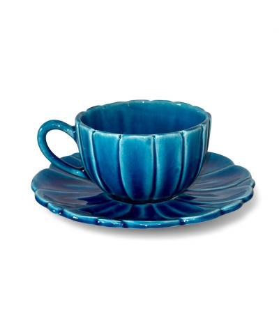 Tasse et soucoupe vintage en faïence turquoise - Charolles, années 1950-1960