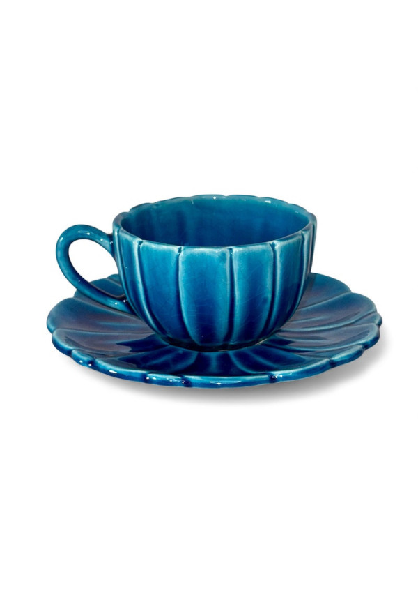 Vintage Turquoise earthenware Cup & Saucer - Charolles, 1950s-60s