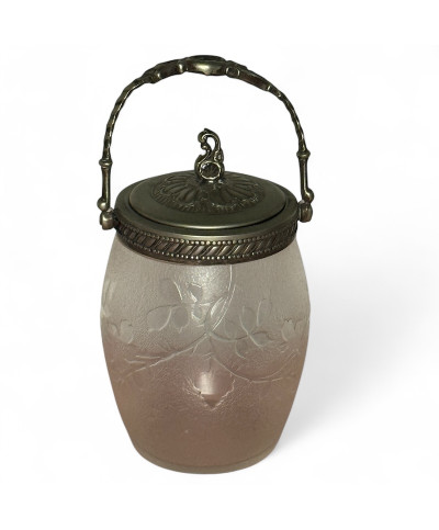 Ancien petit Seau à Biscuits / Bonbonnière en Verre Givré et Métal - Style Art Nouveau