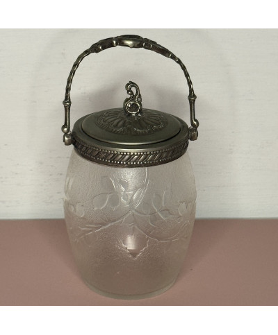 Ancien petit Seau à Biscuits / Bonbonnière en Verre Givré et Métal - Style Art Nouveau
