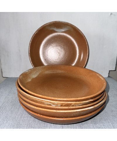 Lot de 6 Assiettes Creuses en Grès Artisanal Vintage - Émail Moucheté Marron Rouille (Années 70)