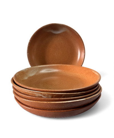 Lot de 6 Assiettes Creuses en Grès Artisanal Vintage - Émail Moucheté Marron Rouille (Années 70)