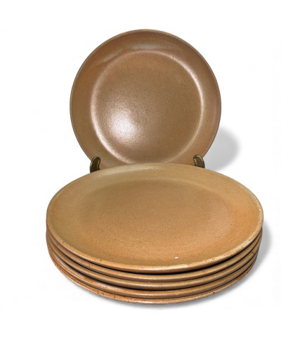 Lot de 6 Assiettes Plates en Grès Artisanal Vintage - Émail Moucheté Marron Rouille (Années 70)