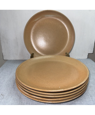 Lot de 6 Assiettes Plates en Grès Artisanal Vintage - Émail Moucheté Marron Rouille (Années 70)