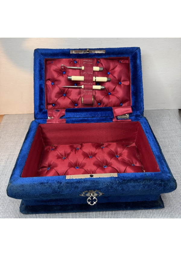 Antique Sewing Box in Blue Velvet with Padded Interior