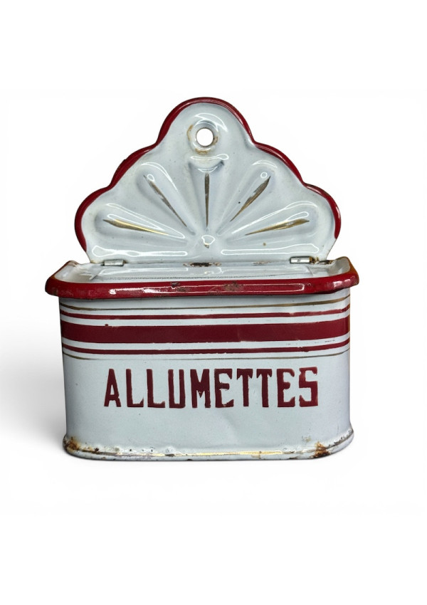Ancienne boîte à allumettes en tôle émaillée blanche et rouge