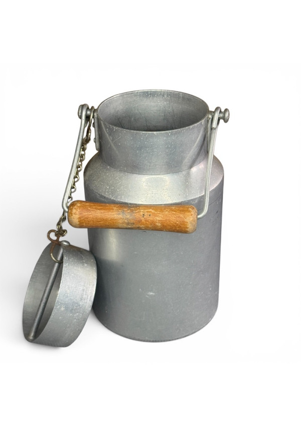 Ancien pot à lait en aluminium - Le Trèfle - Poignée bois