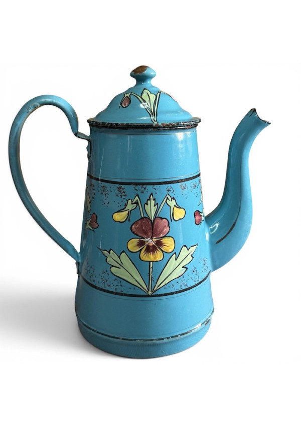Ancienne cafetière en tôle émaillée bleue décor floral en relièf 🌸