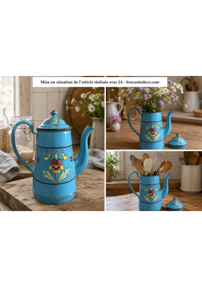 Ancienne cafetière en tôle émaillée bleue décor floral en relièf 🌸
Mise en situation de l'article réalisée avec IA