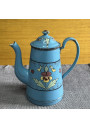 Ancienne cafetière en tôle émaillée bleue décor floral en relièf 🌸