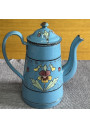 Ancienne cafetière en tôle émaillée bleue décor floral en relièf 🌸
