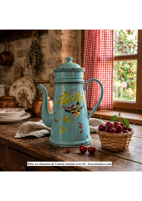 Ancienne cafetière en tôle émaillée décor oiseau et cerises
Mise en situation de l'article réalisée avec IA