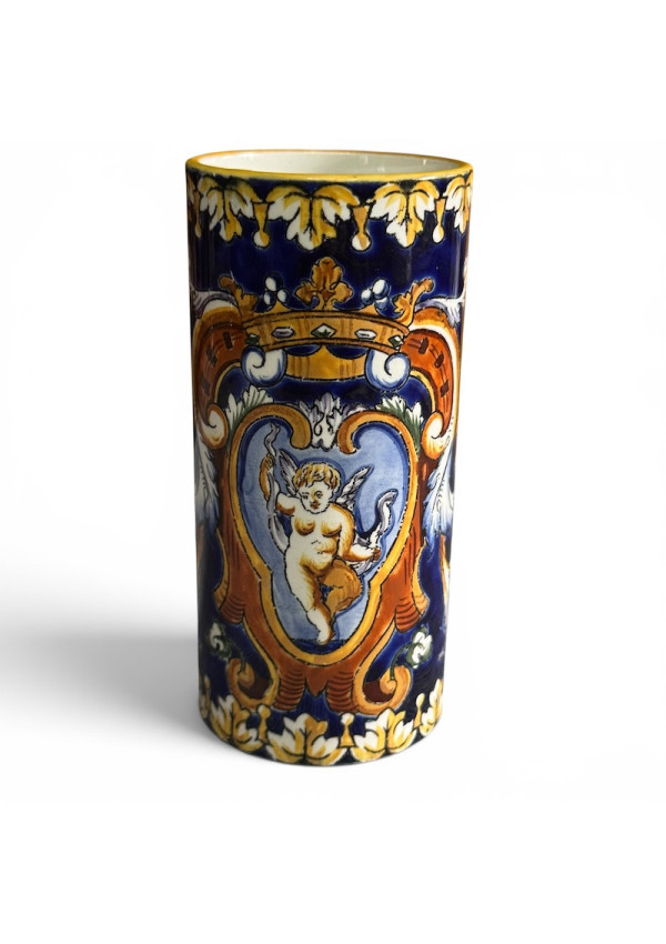 Antique Gien faience vase with Renaissance blue by Thibault