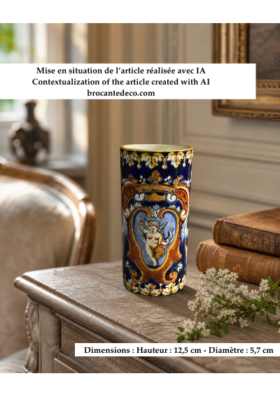 Antique Gien faience vase with Renaissance blue by Thibault