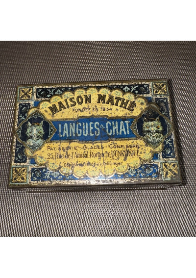 Ancienne boîte publicitaire en tôle lithographiée Maison Mathé - Langues de chat