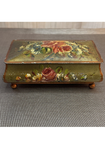 Vintage Painted Metal Trinket Box – Floral Rose Design and Ball Feet