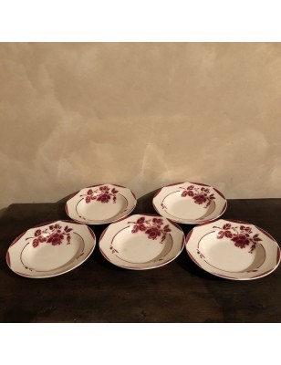 Lot of 5 old soup plates with burgundy floral decor