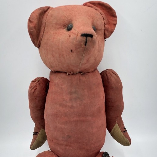 Old red cloth bear | Fasten buttons | Straw padding