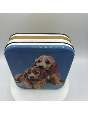 Ancienne boîte en tôle lithographiée | Décor chiots | Confiserie Louis Clauss Paris