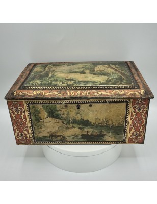 Old lithographed tin box | For biscuits or jewelry | Interior mirror