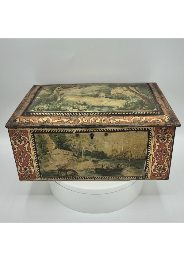 Old lithographed tin box | For biscuits or jewelry | Interior mirror