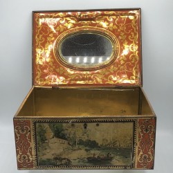 Ancienne boîte  en tôle lithographiée | A biscuits ou bijoux | Miroir intérieur