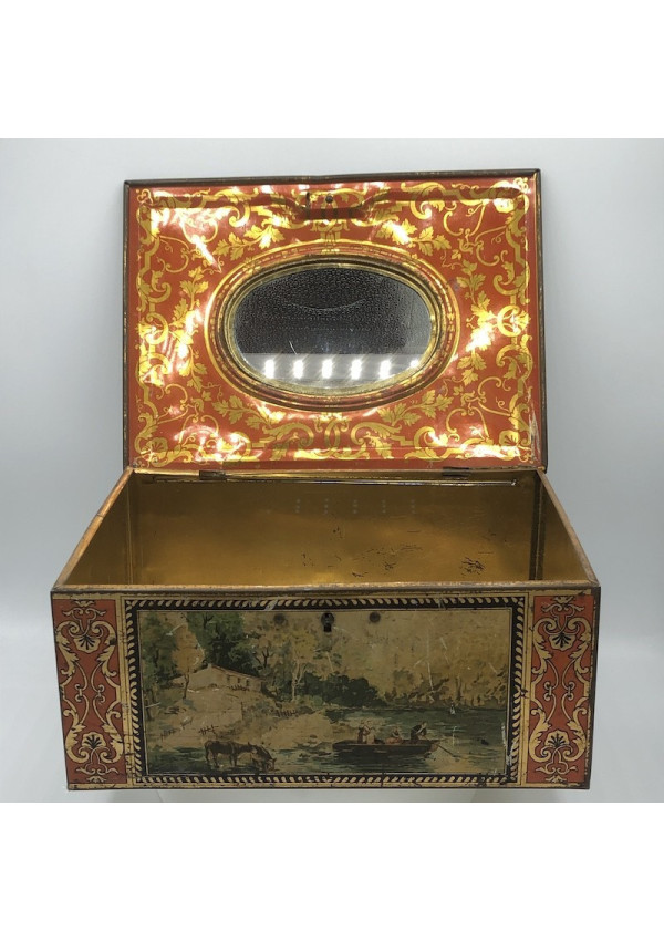 Old lithographed tin box | For biscuits or jewelry | Interior mirror