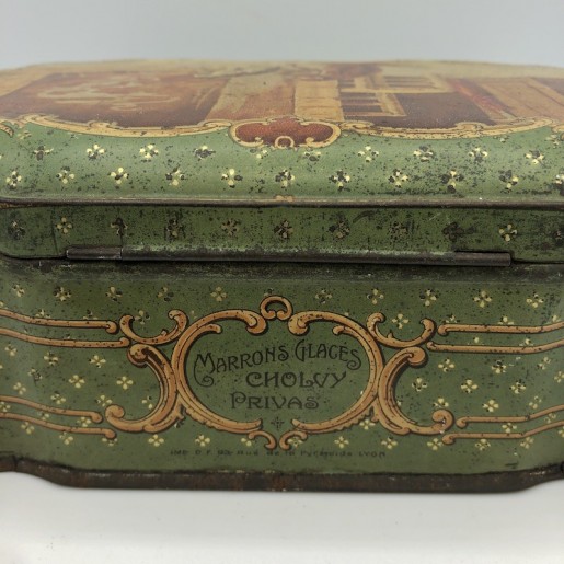 Ancienne boîte en tôle lithographiée | Marrons glacés Privas | Boîte publicitaire